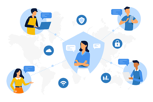 Illustration representing the Soteria team communicating internally and externally with clients.